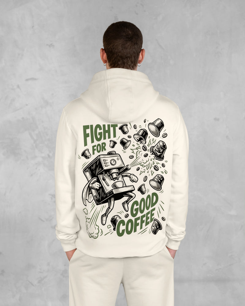 XTRACTD Hoodie Rebellion in Oat Milk – Rückenprint mit Siebträger-Superheld