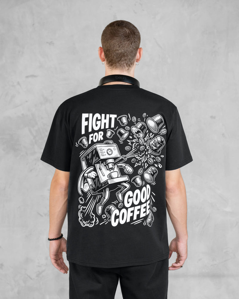 XTRACTD T-Shirt Rebellion in Espresso Black – Rückenprint mit Siebträger-Superheld und Schriftzug Fight for Good Coffee