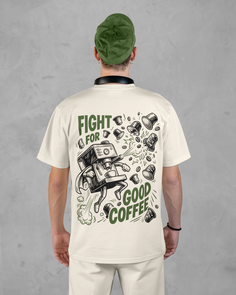 XTRACTD T-Shirt Rebellion in Oat Milk – Rückenprint mit Siebträger-Superheld und Schriftzug Fight for Good Coffee