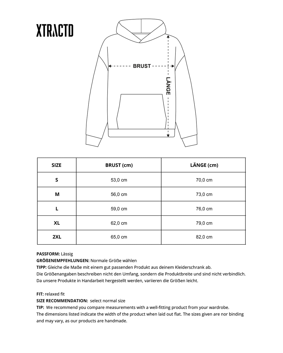 Größentabelle Hoodie