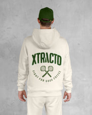 XTRACTD Hoodie 3D Oat Milk – Rückenansicht mit grünem XTRACTD-Print und Fight-for-Good-Coffee-Motiv