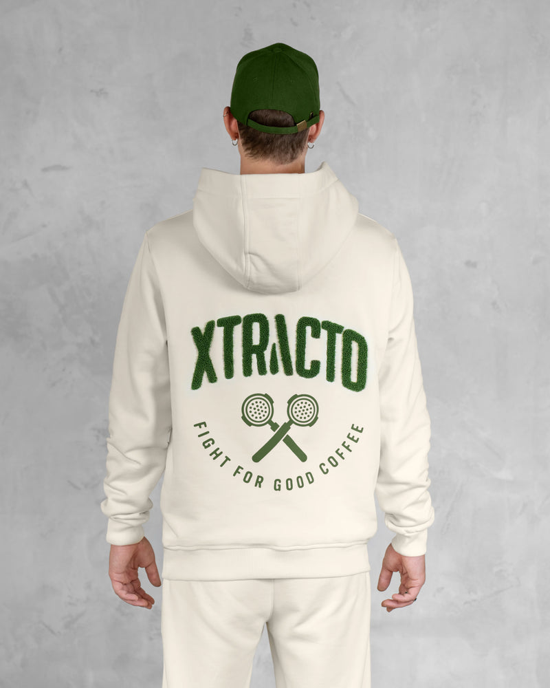 XTRACTD Hoodie 3D Oat Milk – Rückenansicht mit grünem XTRACTD-Print und Fight-for-Good-Coffee-Motiv