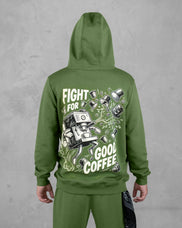 XTRACTD Hoodie Rebellion Coffee Leaf in Olivgrün – Rückenansicht mit Rebellion-Illustration „Fight for Good Coffee“