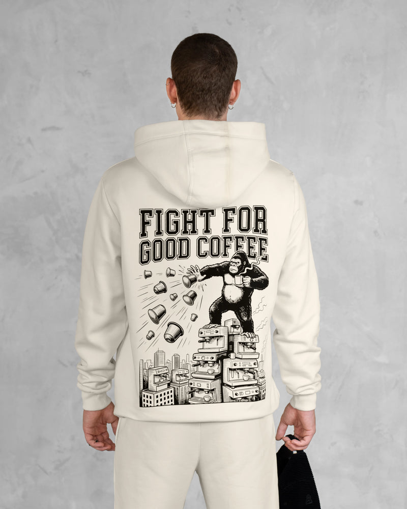 XTRACTD Hoodie Urban Ape in Oat Milk – Rückenprint mit Fight for Good Coffee Schriftzug und Urban Ape Motiv